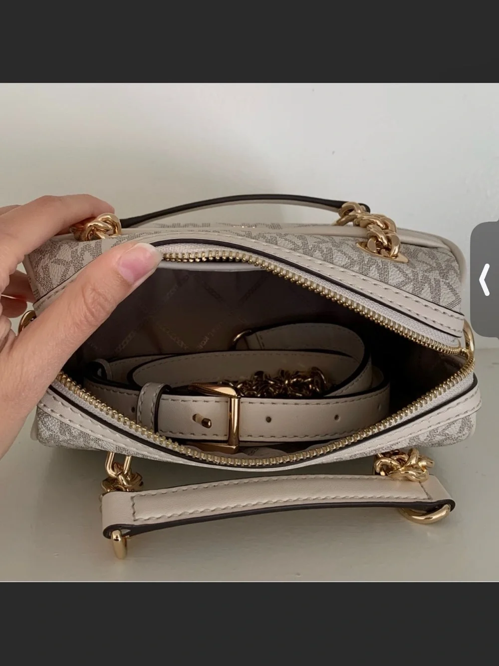 Michael Kors Cream and Beige Logo Satchel with Gold Chain Handles